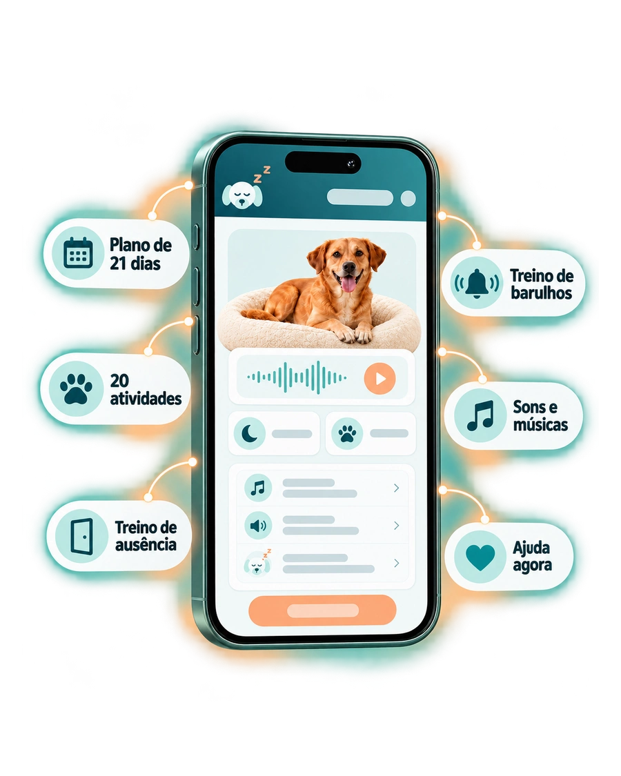 Aplicativo Dog Calm Studio no celular com plano de 21 dias, 20 atividades, treino de ausência, treino de barulhos, sons e músicas e ajuda agora
